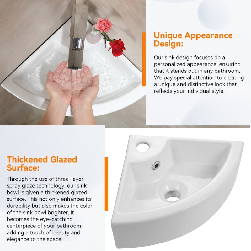 HOROW 12.6 in. Corner Wall-Hung Bathroom Sink in White with Overflow