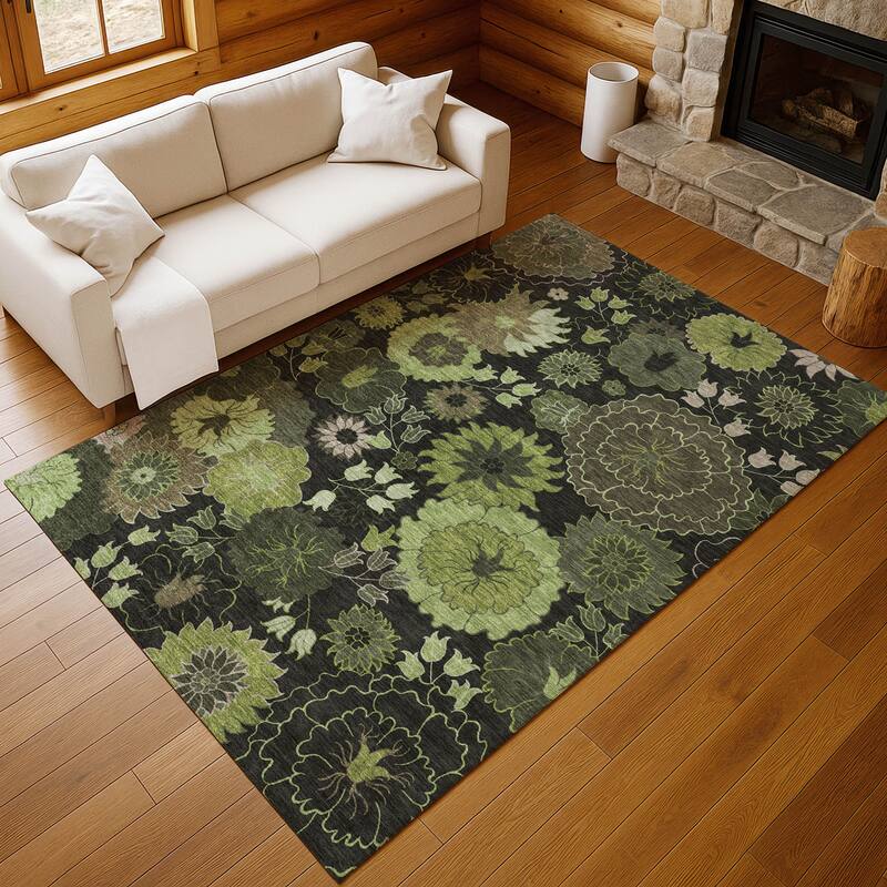 Machine Washable Indoor/ Outdoor Modern Floral Chantille Rug