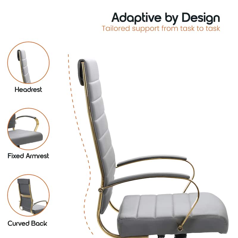 Benmar Ergonomic Ribbed Back Gold Frame Leather Executive Office Chair with Adjustable Height, Tilt, Swivel & Smooth Casters