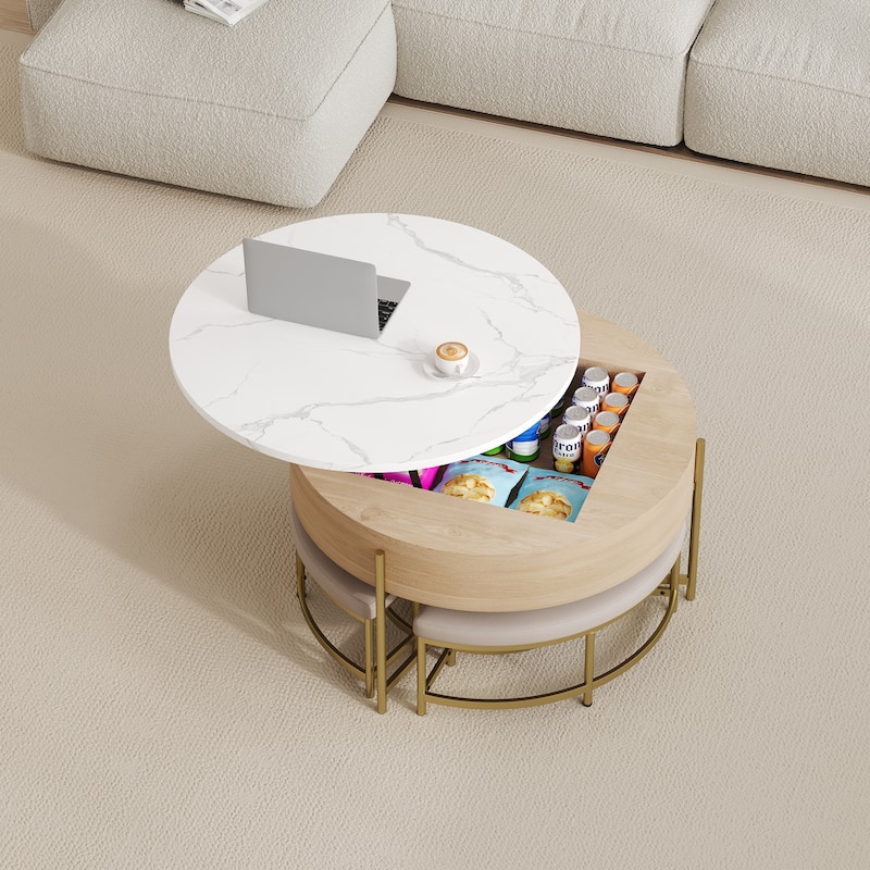 Modern Round Lift-Top Coffee Table with Storage & 3 Ottoman
