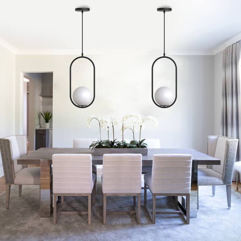 Modern Black Globe Pendant Lighting - 1-Light Hanging Fixture with White Glass Shade for Kitchen, Dining Room, Bedroom