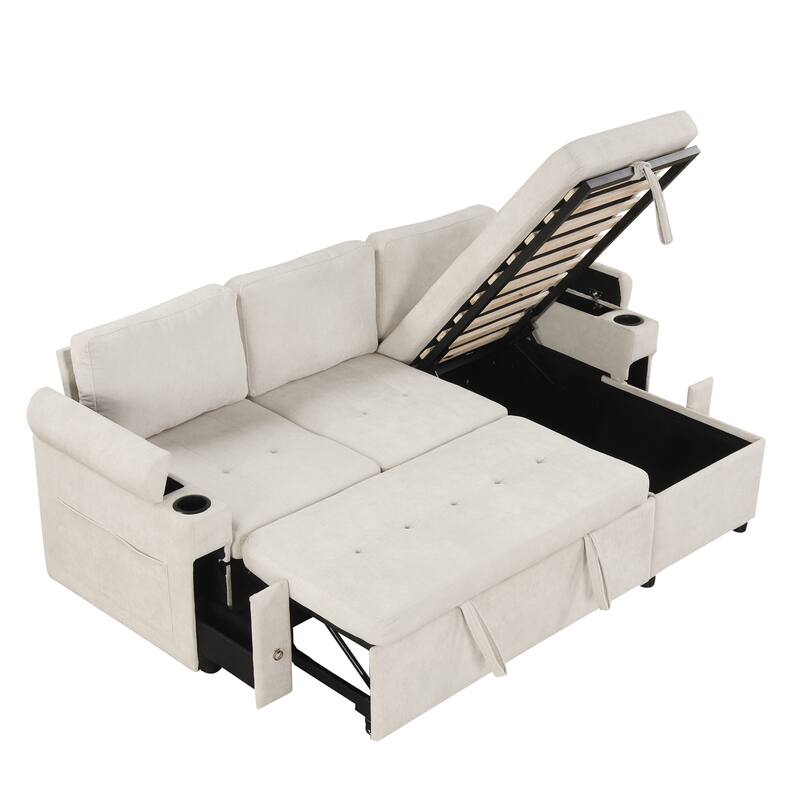 L-Shaped Convertible Sofa Bed with Reversible Chaise Lounge, Chenille Fabric Sectional Sofa with 2 Cup Holders & 2 USB Ports