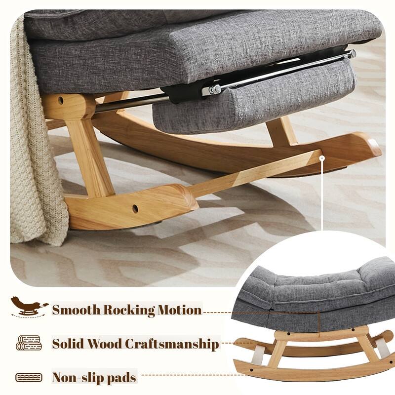 Fabric Upholstered Rocking Chair with Solid Wood Base and Hidden Footrest – Ergonomic Dual-Cushion Design