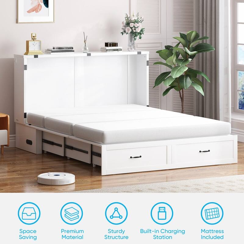 Mixoy Modern Murphy Bed Cabinet Queen Size with Charging,Optional Mattress