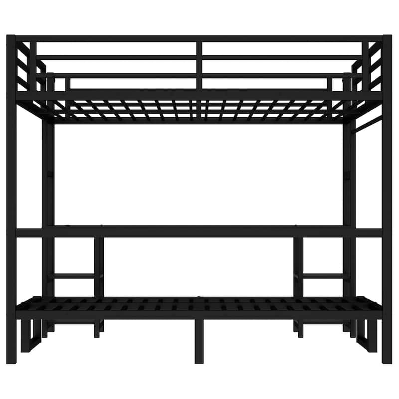 Queen over Twin XL Black Metal Bunk Loft Bed with Desk and Shelves, LED and USB