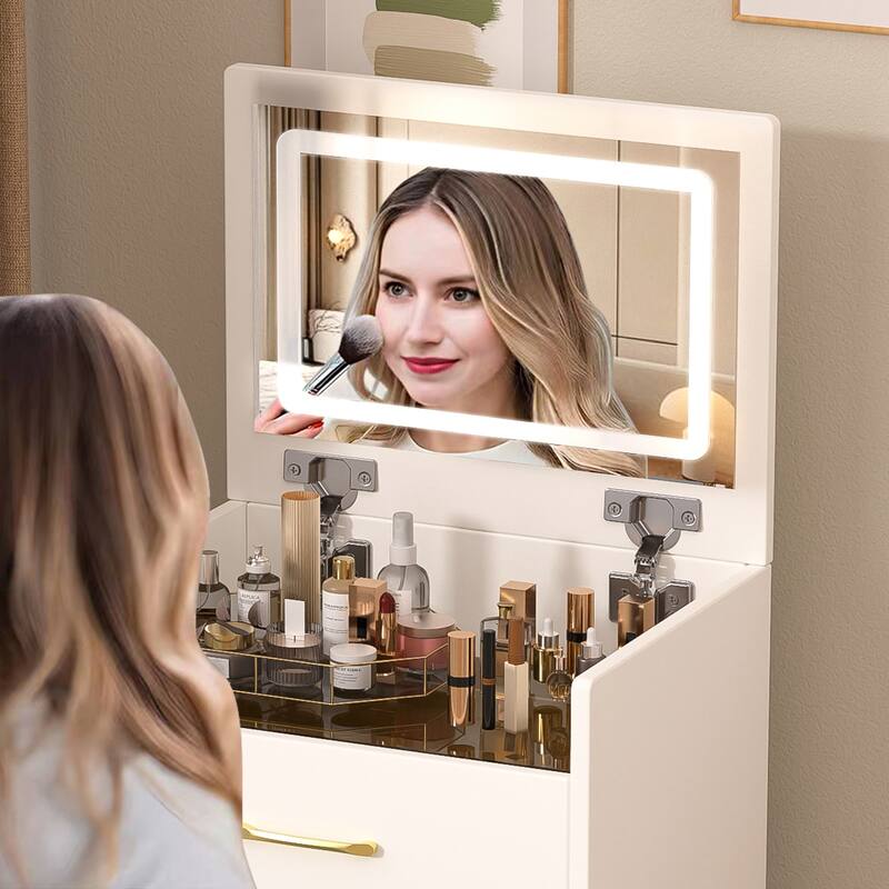 3 in 1 Makeup Vanity Convertible Desk or Nightstand, Compact Make-up Vanity Glass Desktop Dressing Table with Mirror & Stool