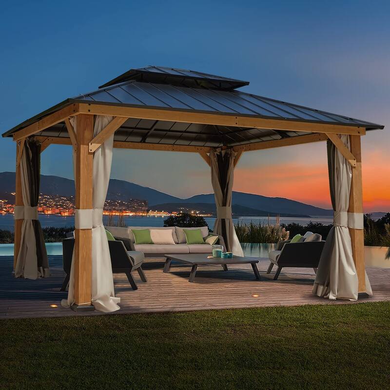 Cedar Wood Gazebo for Outdoors - Hardtop Waterproof Backyard Pergola, Natural Wood Patio Cover with Easy Assembly
