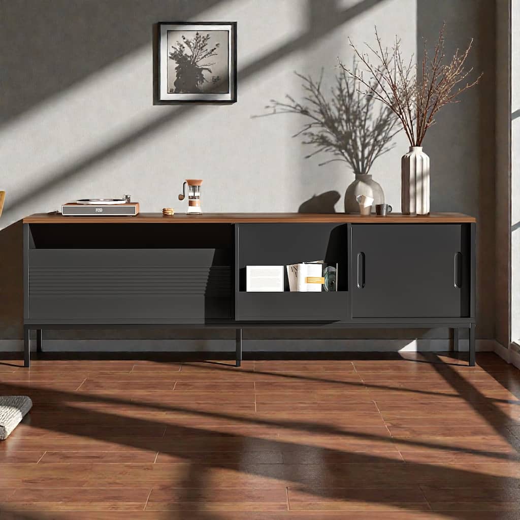 70.8'' Mid Century Modern TV Stand for 75'' TVs, Walnut Media Console with Sliding Doors, Drawer, Adjustable Shelves