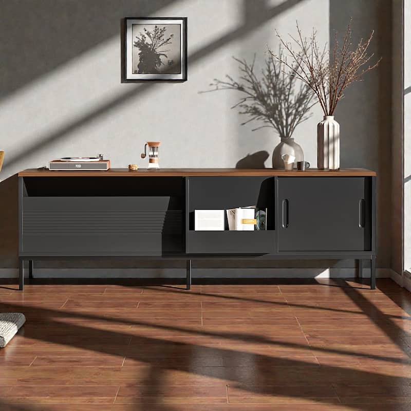 70.8'' Mid Century Modern TV Stand for 75'' TVs, Walnut Media Console with Sliding Doors, Drawer, Adjustable Shelves - Black