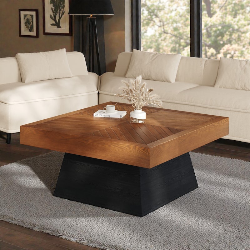 Modern Square Coffee Table 31.5 Inch, Brown Wood Grain Top with Black Base, Mid-Century Farmhouse Center Table - Black Brown