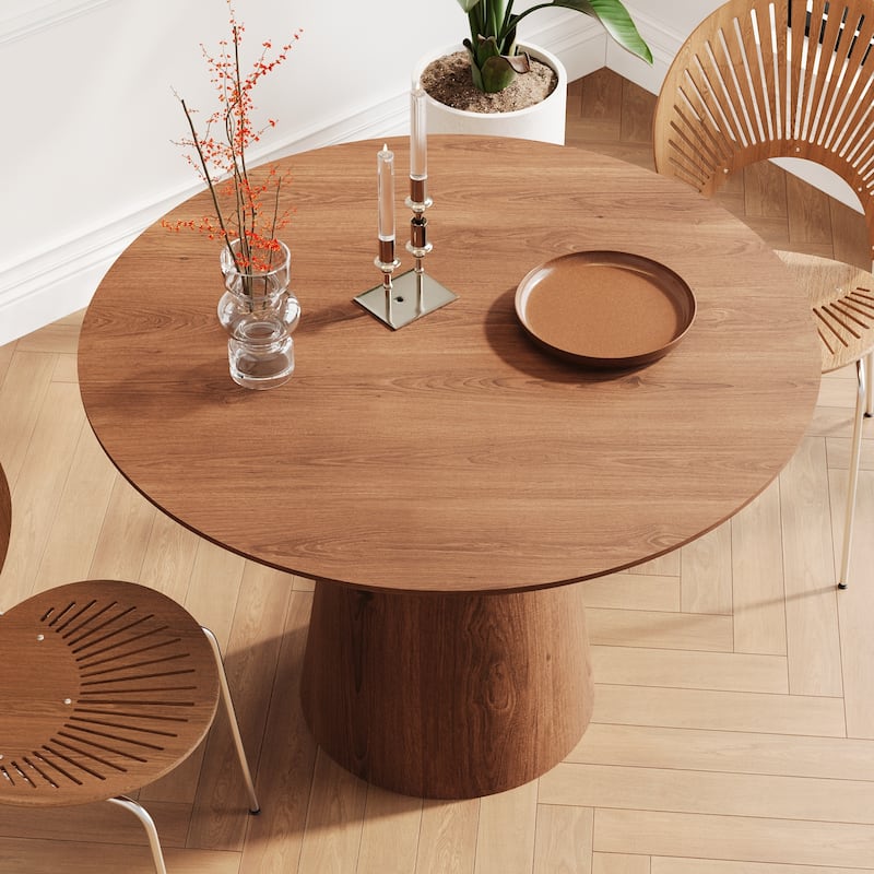 Elegant Round Coffee Table for 4, MDF Base with Unique Design, Natural Wood Grain Dining Table
