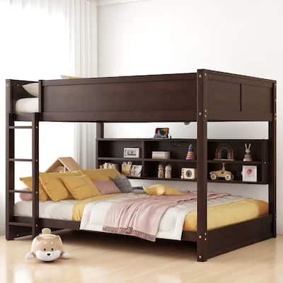 Queen Bunk Bed with Built-In Storage Cabinets, Charging Ports, and Safety Guardrails
