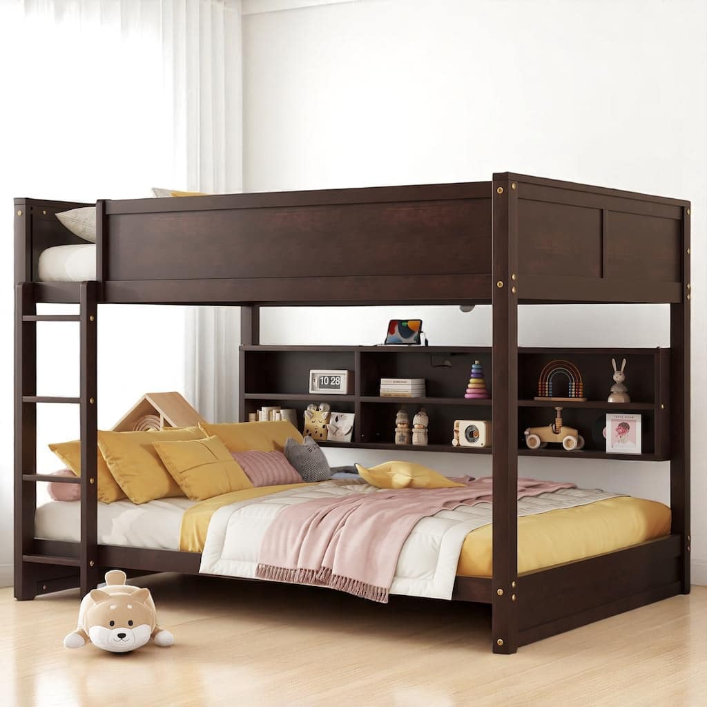 Queen Bunk Bed with Built-In Storage Cabinets, Charging Ports, and Safety Guardrails