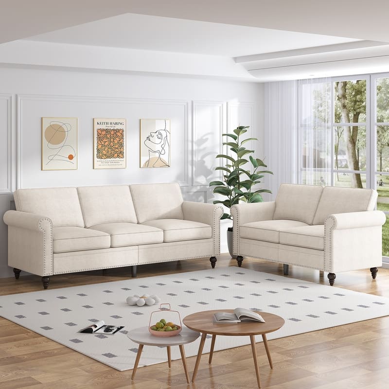 Mixoy 2 Piece Living Room Sofa Set with Rivet Design,Linen 3-Seater Sofa Couch,Loveseat Sofa/Single Sofa Chair - 3+2 - Beige-3+2