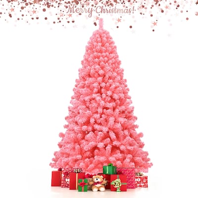 Gymax 4.5/6.5/7.5 FT Artificial Snow Flocked Pink Christmas Tree Unlit - See details