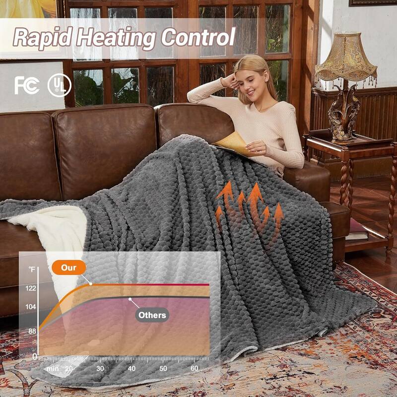 6 Heating Levels Cozy Soft Electric Heated Blanket Throw, Grey