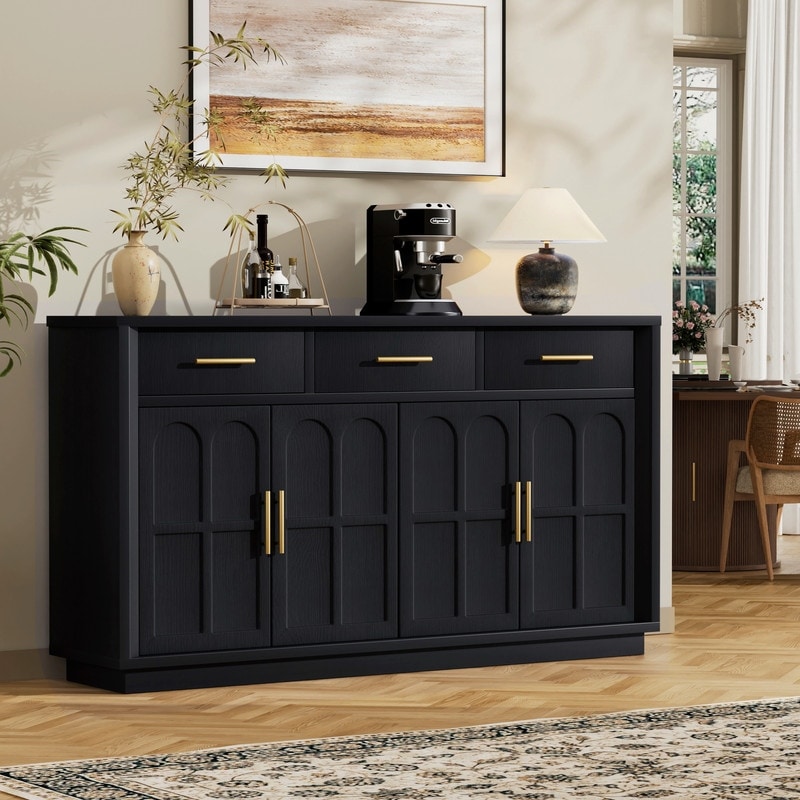 Modern 59" Sideboard with 3-Drawer, Buffet Cabinet with Arched Decorative Doors for Living Room, Kitchen, Dining Room