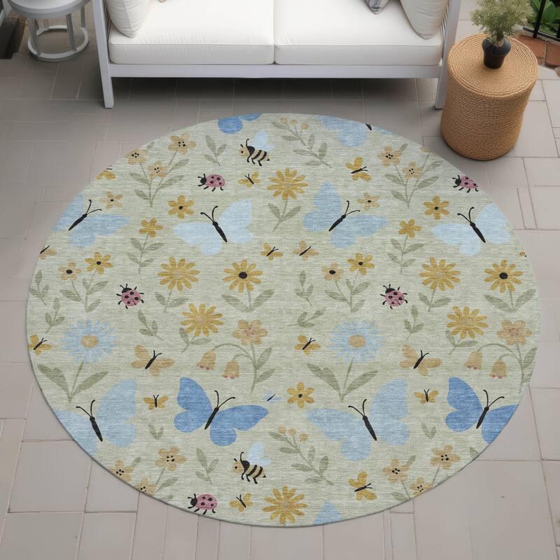 Machine Washable Indoor/ Outdoor Whimsy Butterfly Chantille Rug - Celery - 8' x 8'