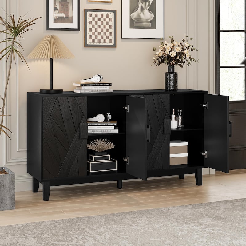 All Black Sideboard Cabinet with Storage, Accent 4-Door Wood Console