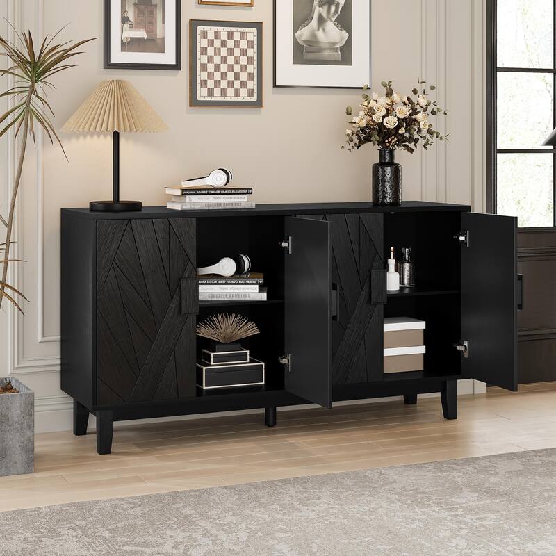 Roomfitters Modern Sideboard Buffet Cabinet with Geometric Textured Doors, 4-Door Storage Credenza Organizer, Black