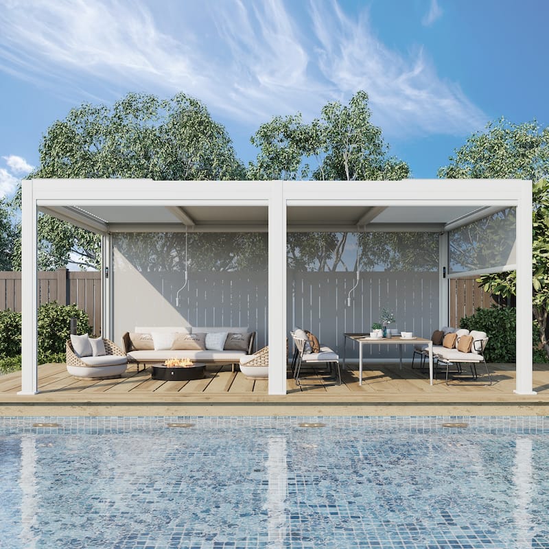 EROMMY Outdoor Louvered Pergola Gazebo with Adjustable Aluminum Rainproof Roof and Pull-Down Screen
