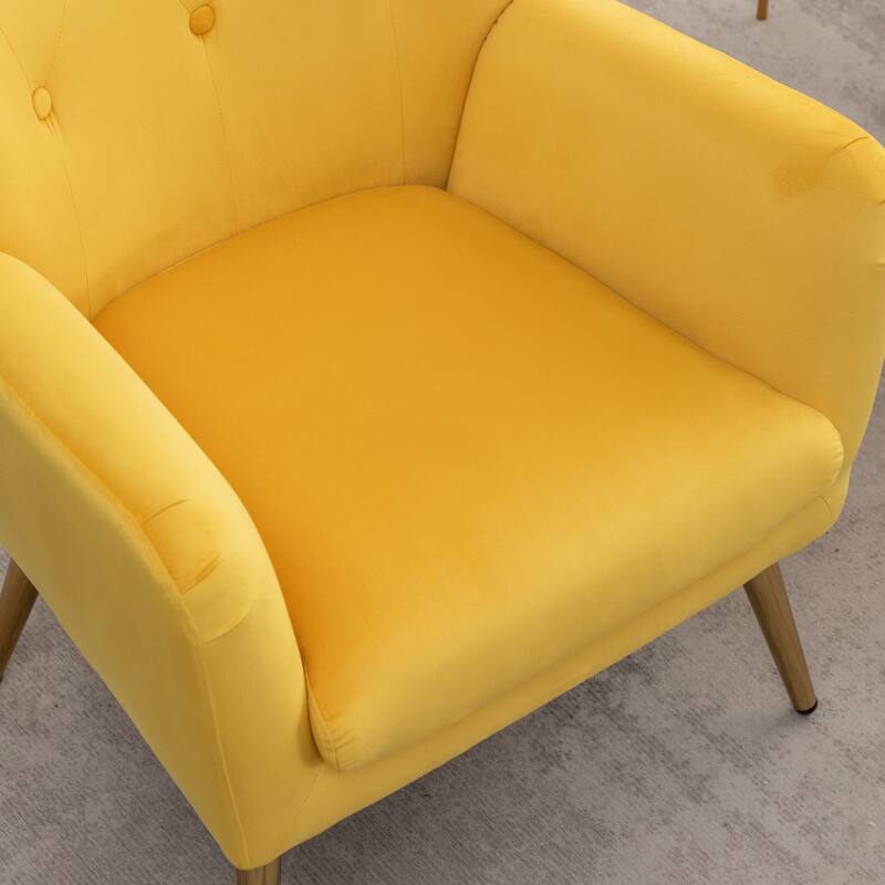 Velvet Upholstered Armchair Single Sofa Chair with Button Tufted Backrest, Yellow Dining Chair Office Chair with Metal Legs