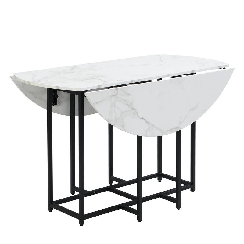 5-Piece Extendable Kitchen Dining Table Set- Round Faux Marble Top, 4 Upholstered Chairs, Compact Foldable Design