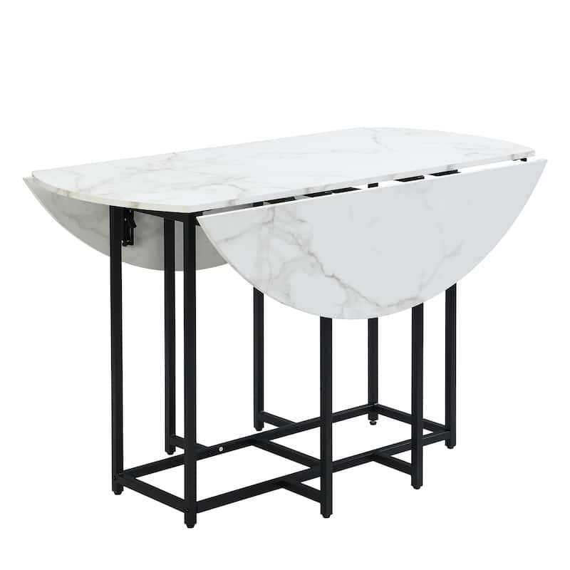 Roomfitters Space-Saving 5-Piece Extendable Dining Table Set with Round Faux Marble Top, 4 Upholstered Chairs