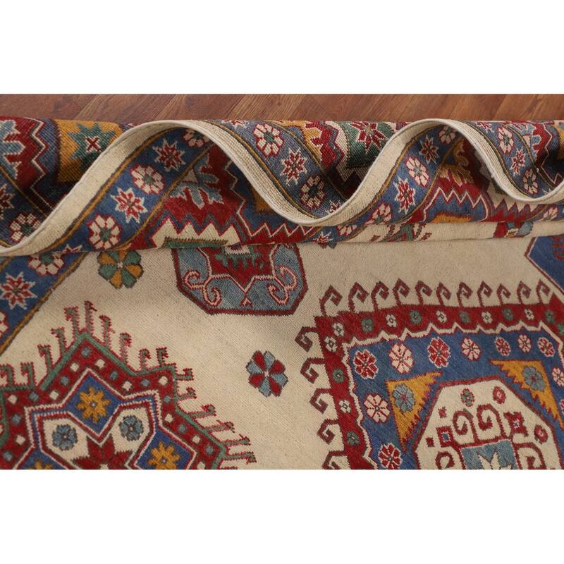 Ivory Geometric Kazak Area Rug Hand-Knotted Wool Carpet - 8'0" x 10'6"