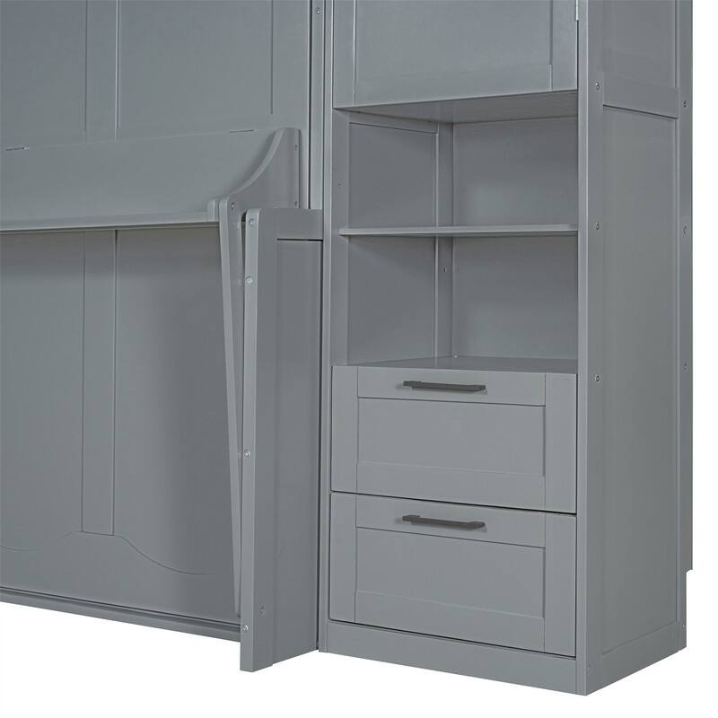 Queen Size Murphy Bed Wall Bed with 2 Wardrobes and 4 Storage Drawers, Foldable Murphy Cabinet Bed w/Open Storage Shelves& Stool