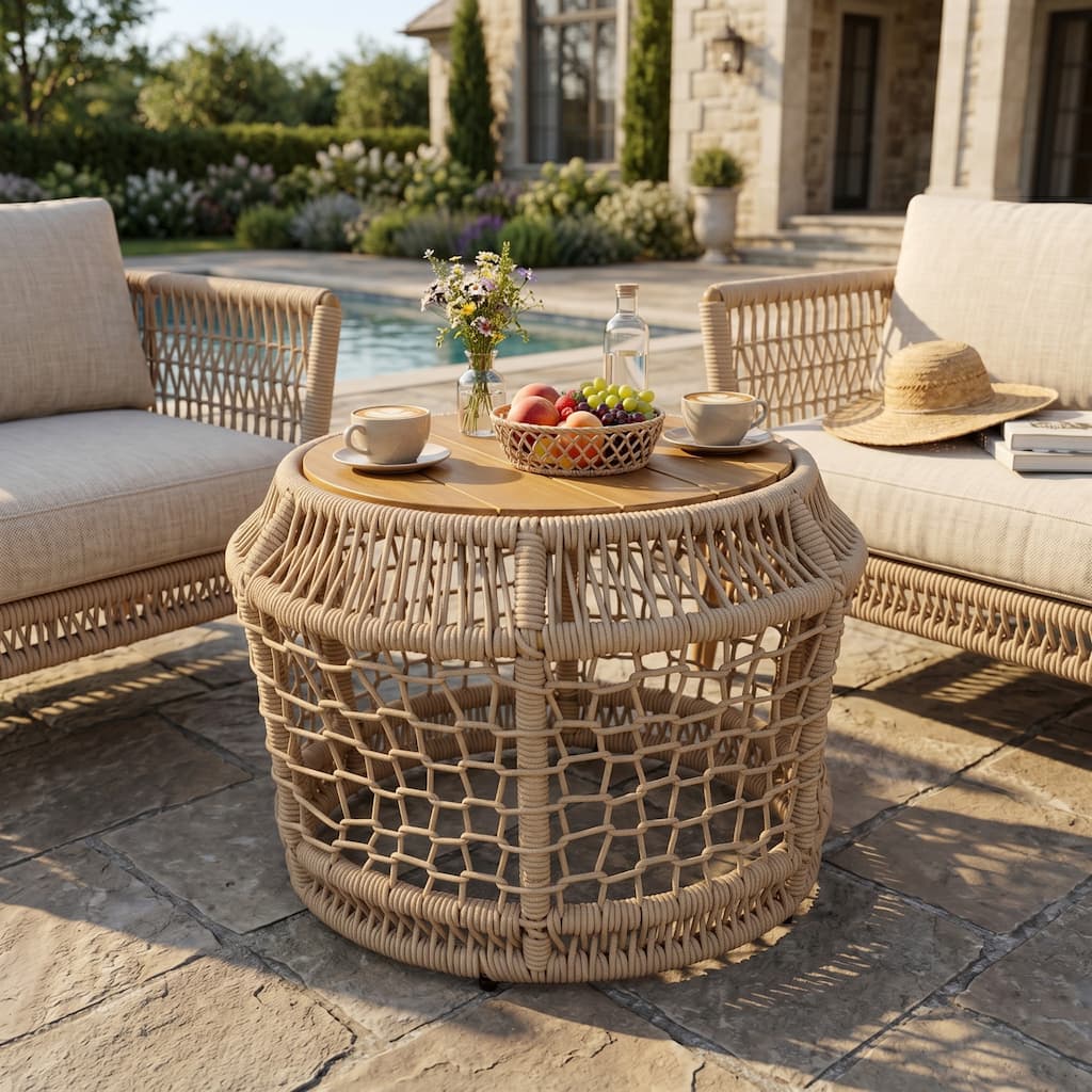 Christopher Knight Home - Kensington Bohemian Coastal Side Table, Round Acacia Wood & Woven Rope Frame, Open-Knit Rope Design