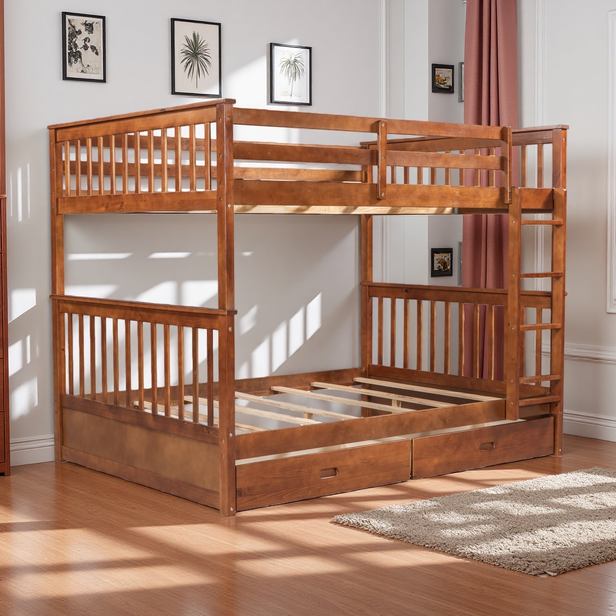 Full over Full Wood Bunk Bed with 2 Ladders & 2 Storage Drawers