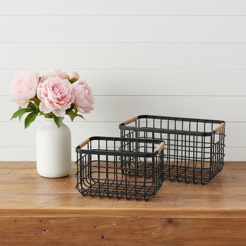 HomeRoots Set of Two Black Metal Basket - 15.1575" W x 20.8661" D x 12.2047" H