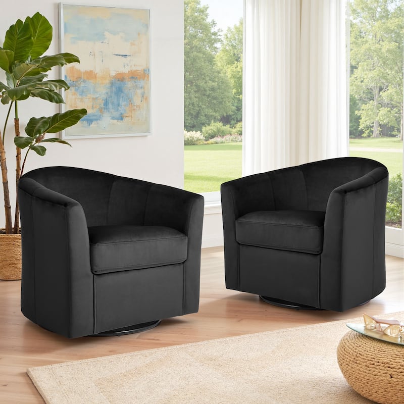 Set of 2 Velvet Swivel Accent Chairs Barrel Chairs with Plush Cushion - Black