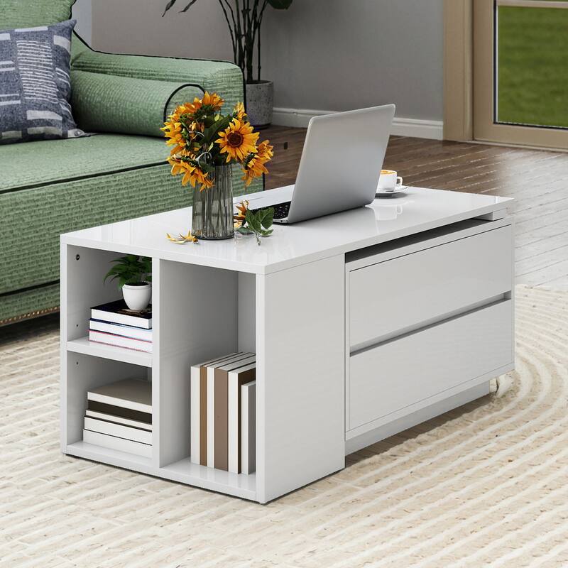 Moasis Modern Convertible Coffee Table w/4 Drawers and Open Shelves, LED Center Table for Living Room