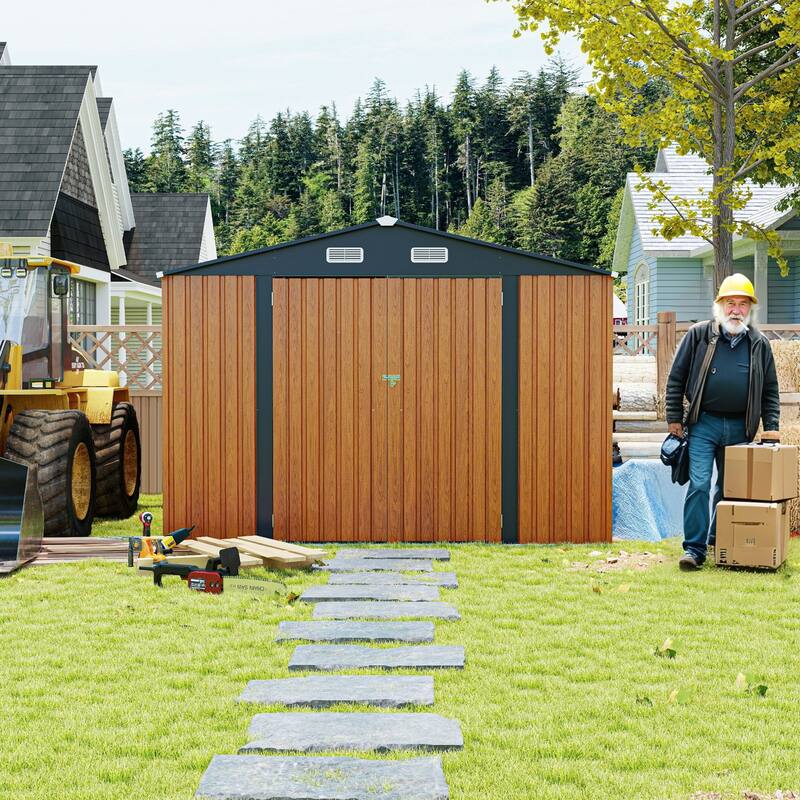 Outdoor Storage Shed 9×11 FT with 3 Lockable Doors,Utility Tool Shed Metal Storage Garden Sheds 4 Vents,Metal Sheds