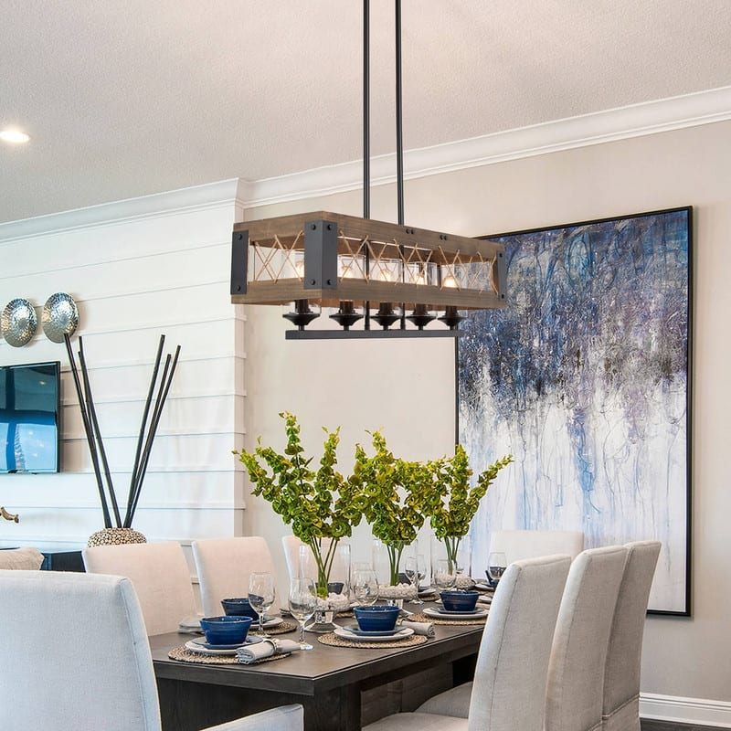 Farmhouse 5-Light Wood Chandelier Rustic Linear Island Lights