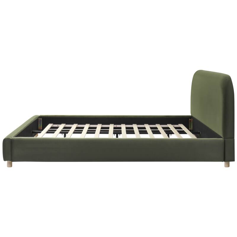 Roomfitters Modern King Platform Bed with Velvet Upholstery and Curved Headboard Design, Olive Green