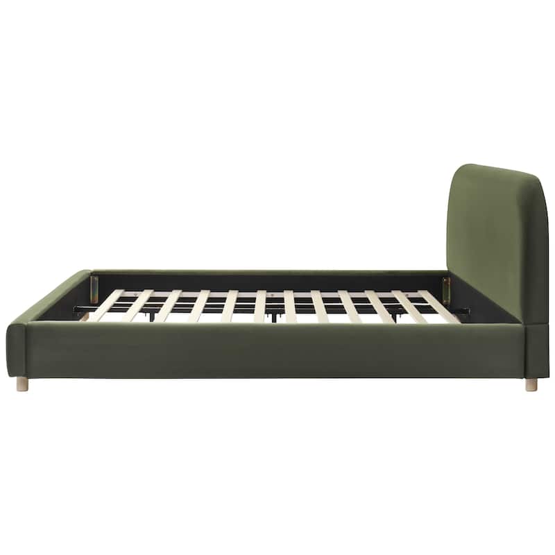 Velvet Upholstered King Size Platform Bed with Curved Headboard, Olive Green