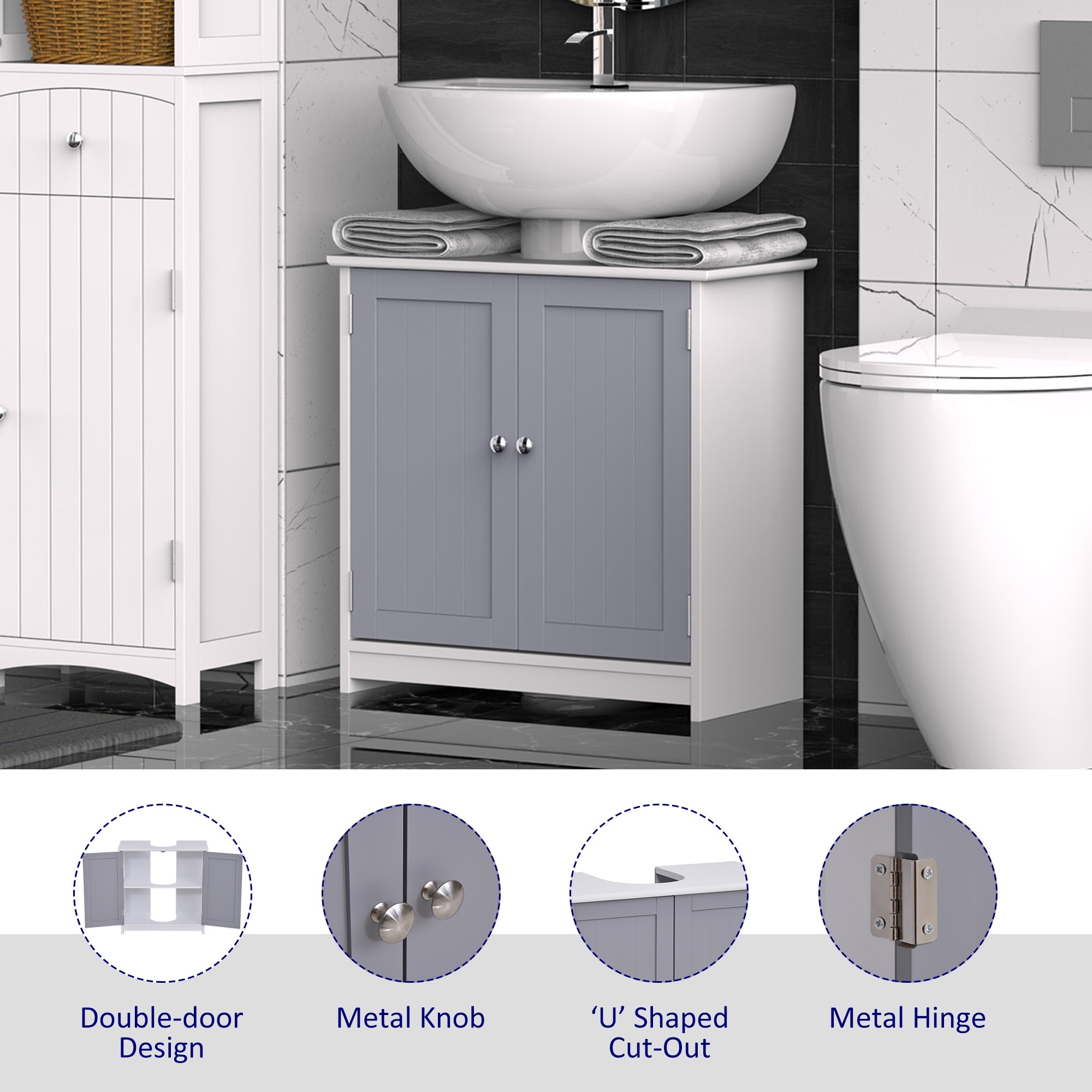 kleankin Vanity Base Cabinet, Under-Sink Bathroom Cabinet Storage with  U-Shape Cut-Out and Adjustable
