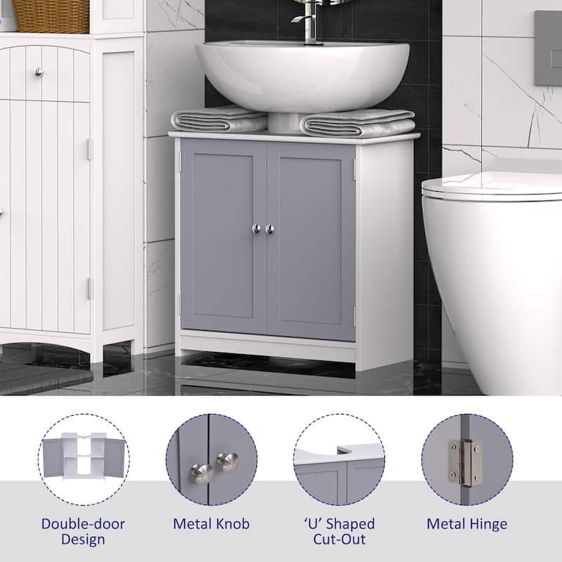 kleankin Vanity Base Cabinet, Under-Sink Bathroom Cabinet Storage with U-Shape Cut-Out, White and Grey