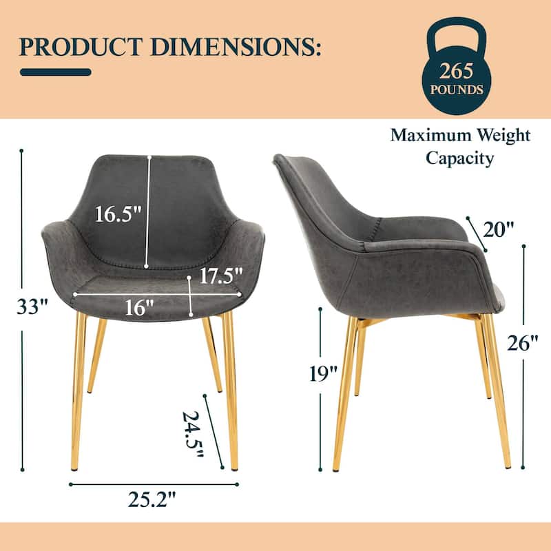 Markley Modern Leather Dining Armchair Set of 4 With Gold Metal Legs Accent Side Chair