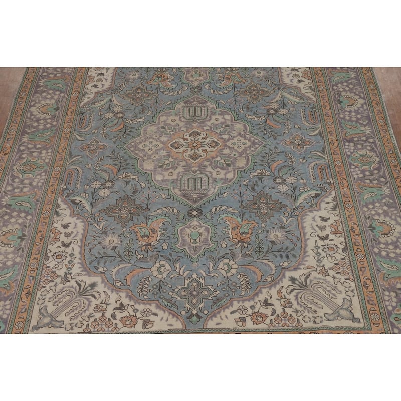 Blue Tabriz Persian Area Rug Hand-Knotted Bedroom Wool Carpet - 6'9"x 9'5"