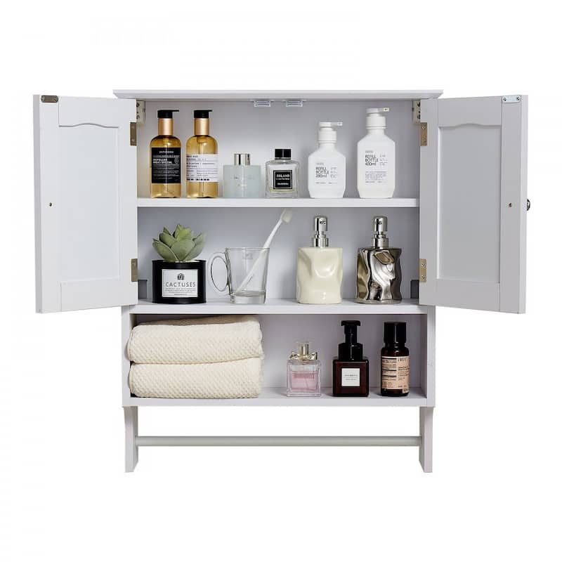 White Wall-Mounted Bathroom Cabinet with Adjustable Shelves and Multi-Layer Storage Towel Bar - 23” x 8” x 27”