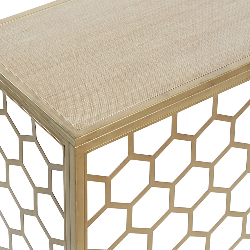 Metal Geometric Honeycomb Pattern Console Table with Brown Wood Top - Gold - Roche River Decor - 14"Wx42"Lx30"H