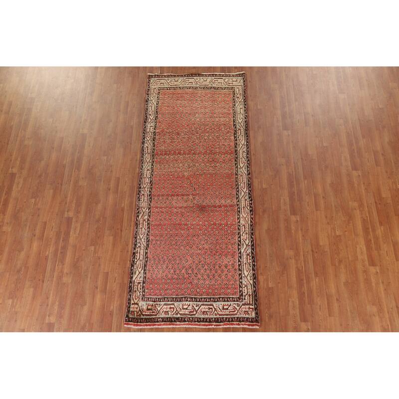 Hand Knotted Oriental 100% Wool Carpet Traditional All-Over Red Botemir Runner Rug - 9' 4'' X 3' 8''