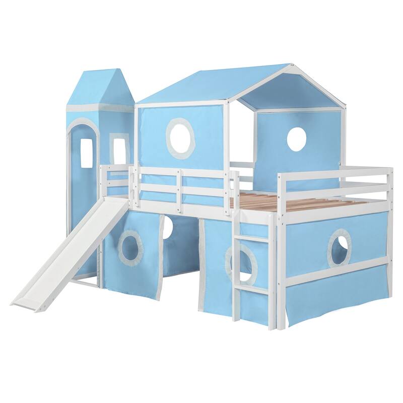 Full Size Loft Bed with Slide, Pink Tent, and Tower in Blue - Durable Pinewood Construction