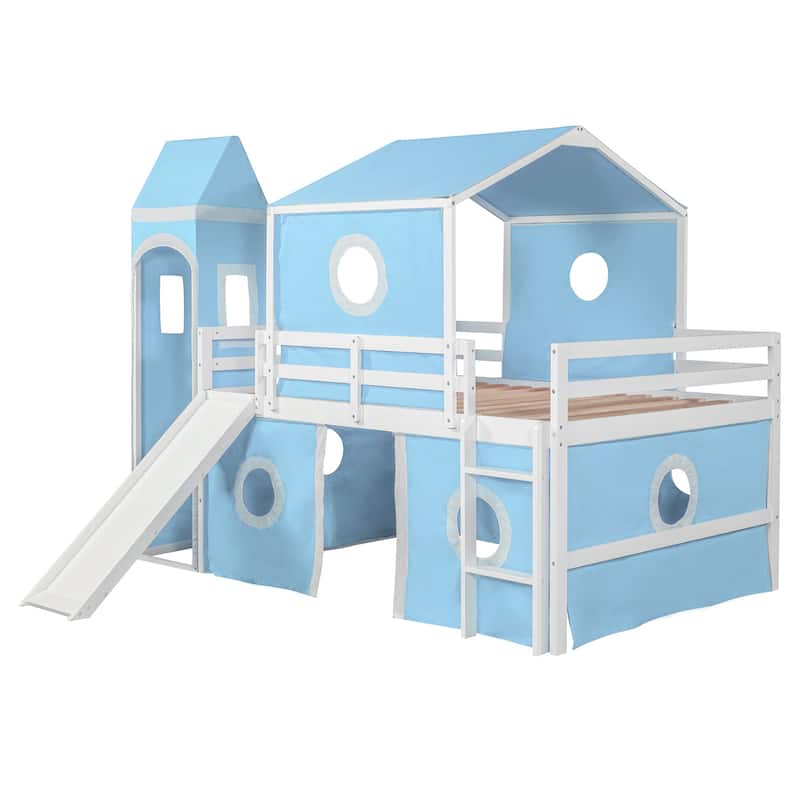 Full/Twin Size Loft Bed with Slide, Pink Tent, Tower, Playhouse Design - Sturdy Solid Wood Construction, Storage Space
