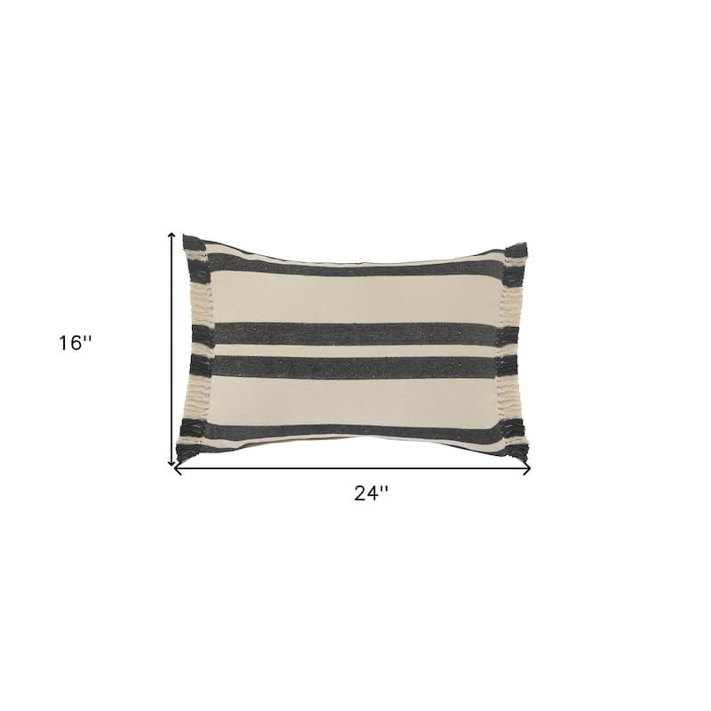 16" X 24" Gray And White 100% Cotton Striped Zippered Pillow