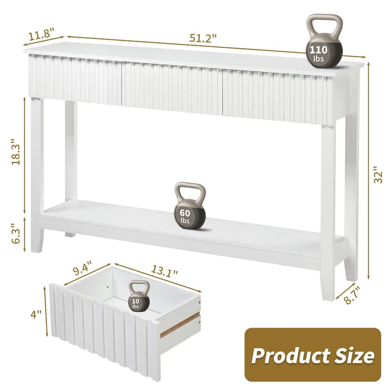 White MDF Console Table with 3 Drawers and Lower Open Storage Shelf - 51.2 x 11.8 x 32 in